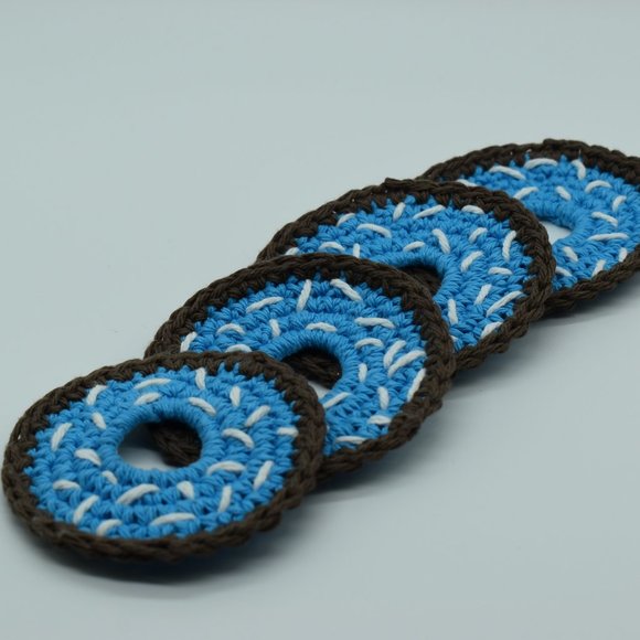 Hand Crafted Crochet Blue Frosted Doughnut Coasters Set of four - Picture 1 of 6